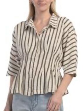 Striped Button-Front Peplum Top - Cream & Black
